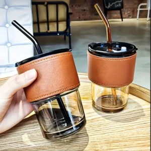 450ml-coffee-cup-glass-tumbler-with-straw-leather-grip